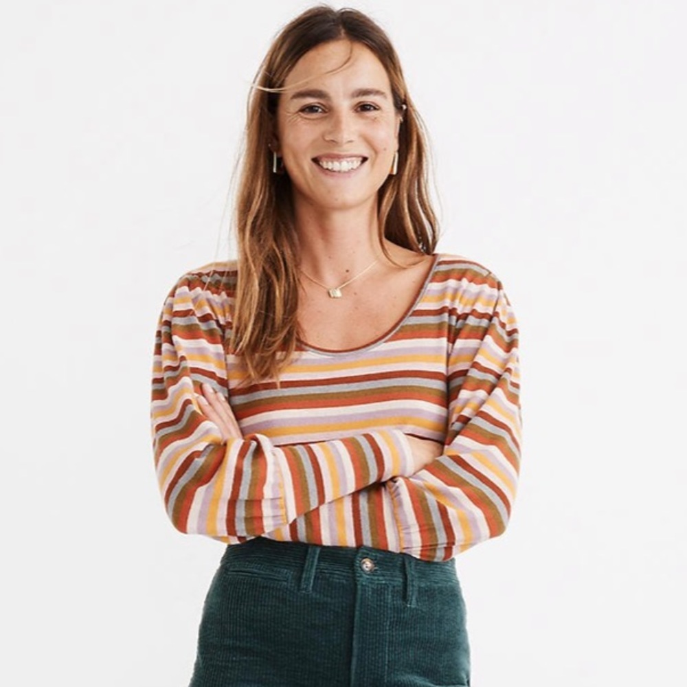 MADEWELL Striped Puff Sleeve Striped Scoopneck Sweater Top XS